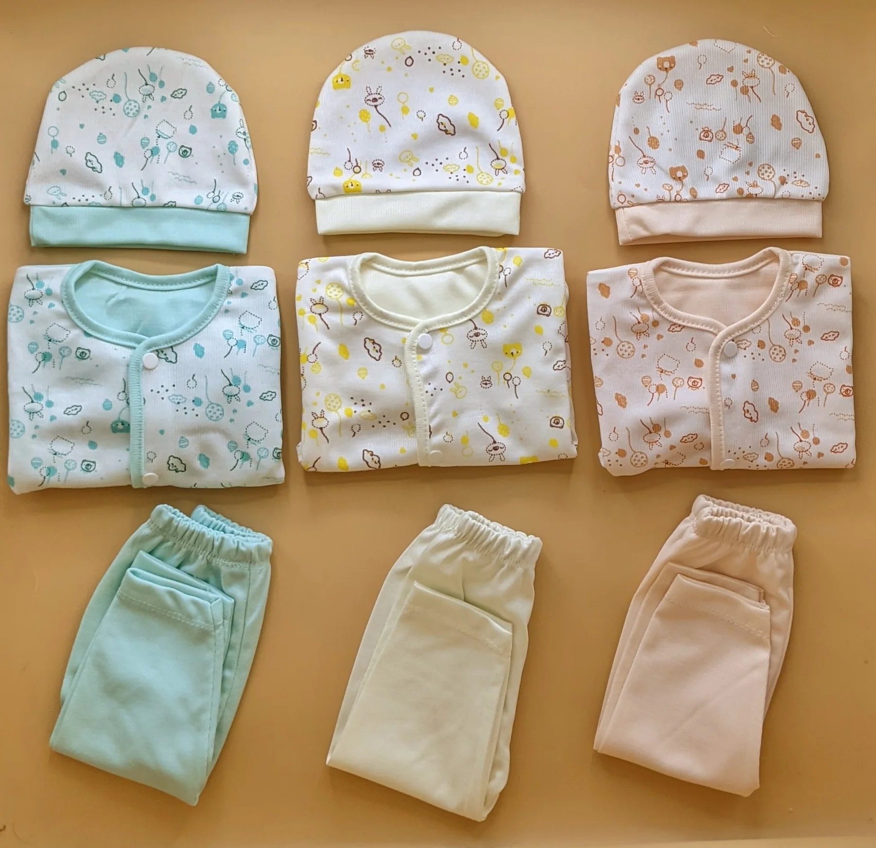 Pack of 3 Suits with Cap - Bear/Cloud - Sea Green/Lemon/Peach