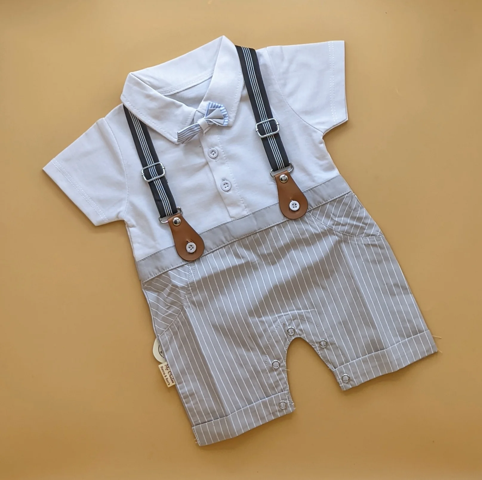 Romper - Half Sleeves - Bow/Stripes - Image 3